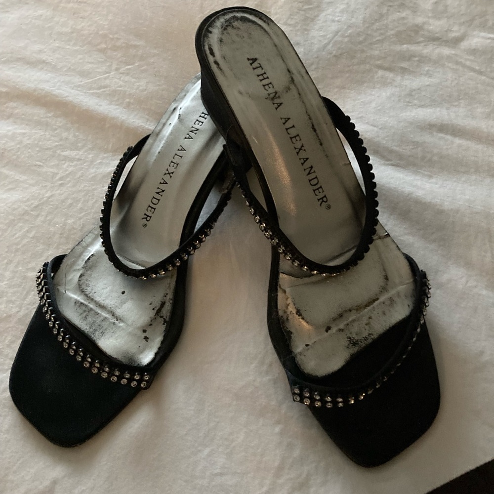 Black satin and rhinestone slipper sandals